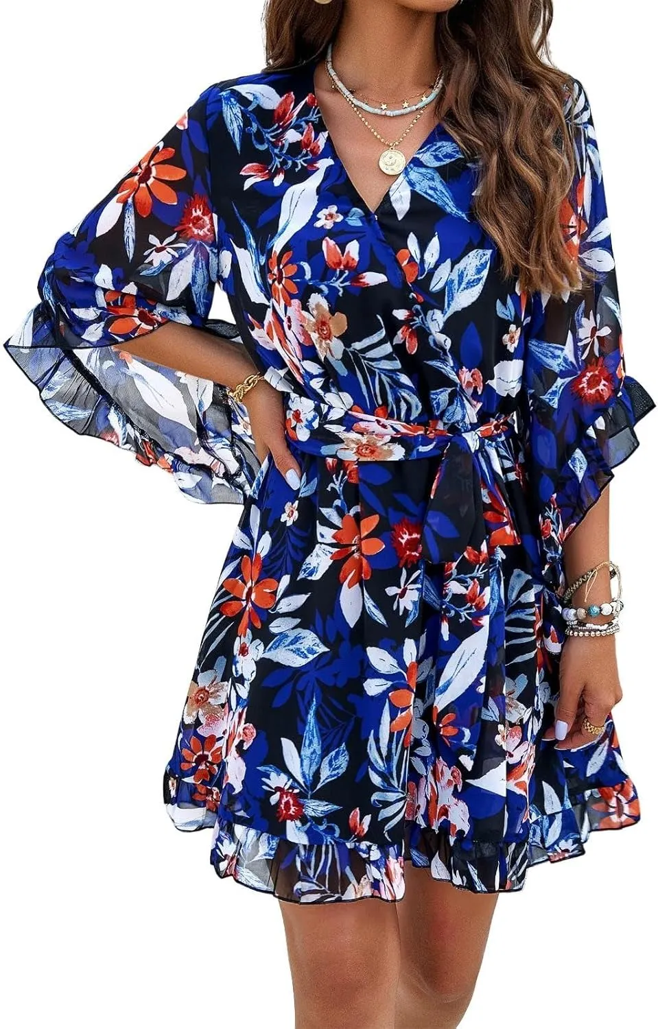 Chiffon Dresses for Women-2025 Summer Elegant Bohemian Half Sleeve V Neck Ruffle Dress Tie Waist Midi A Line Dress