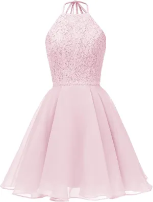 Chiffon Lace Halter Homecoming Dresses for Teens Short Prom Dress Beaded A-Line Evening Wedding Party Gowns