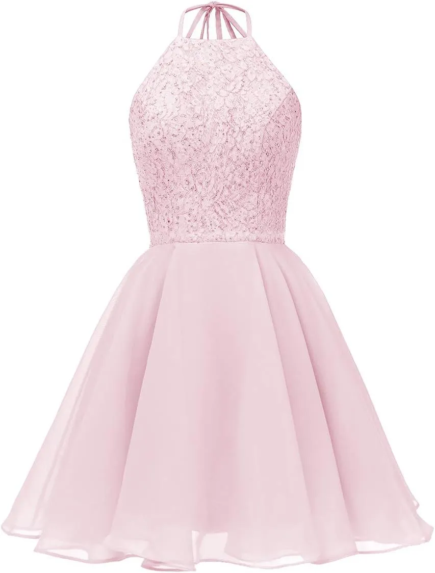 Chiffon Lace Halter Homecoming Dresses for Teens Short Prom Dress Beaded A-Line Evening Wedding Party Gowns