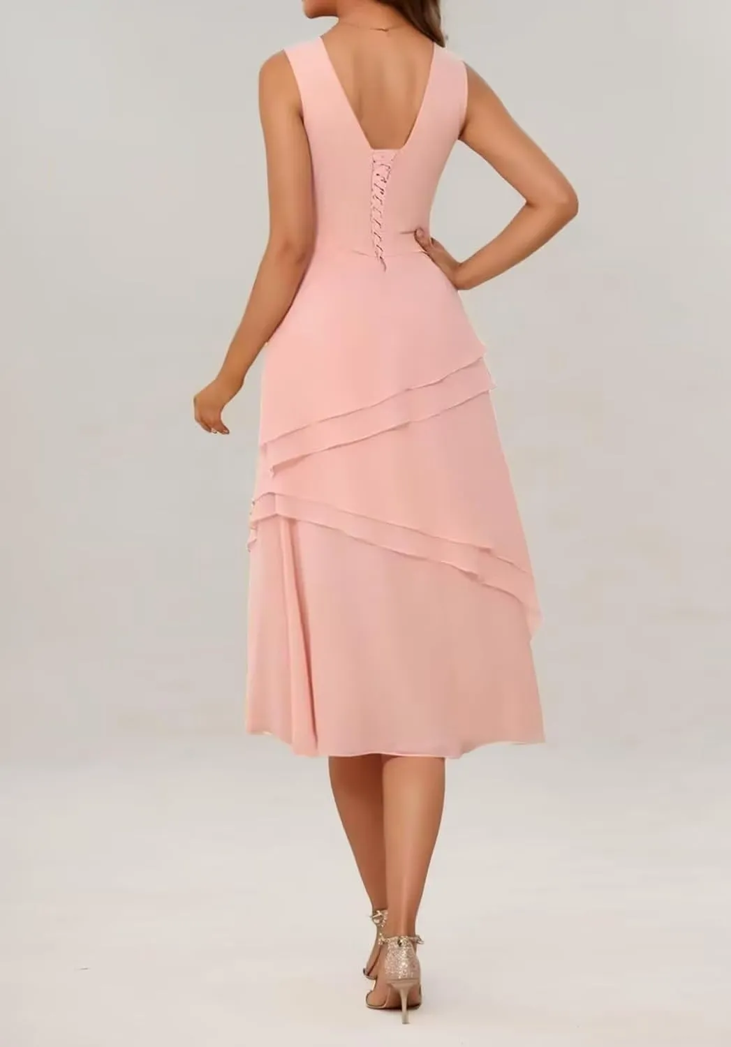 Chiffon Mother of The Bride Dresses 2 Pieces Tiered Tea Length Formal Evening Dress with Jacket JH012