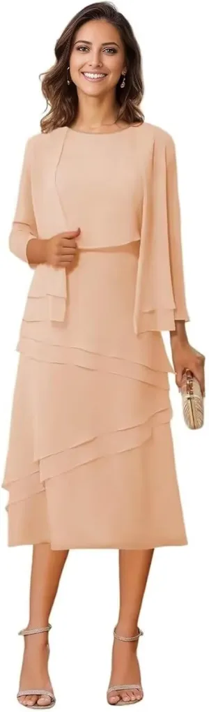 Chiffon Mother of The Bride Dresses 2 Pieces Tiered Tea Length Formal Evening Dress with Jacket JH012