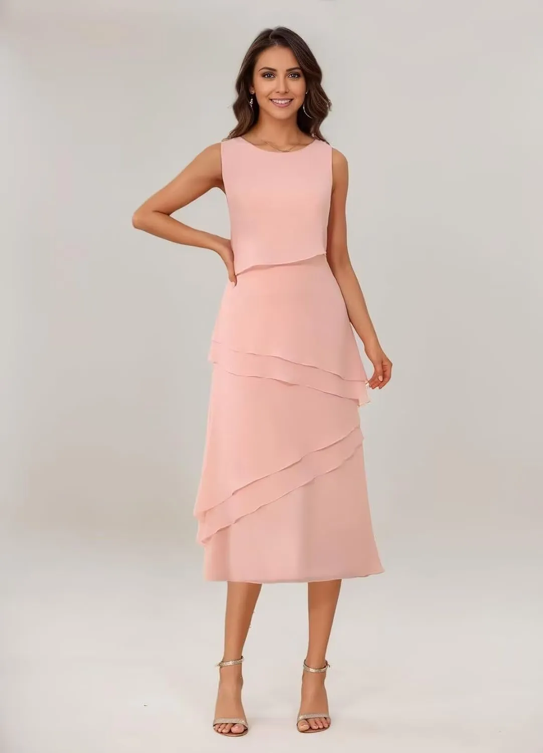 Chiffon Mother of The Bride Dresses 2 Pieces Tiered Tea Length Formal Evening Dress with Jacket JH012