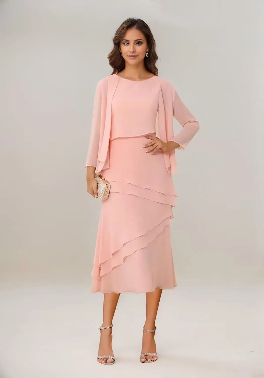 Chiffon Mother of The Bride Dresses 2 Pieces Tiered Tea Length Formal Evening Dress with Jacket JH012
