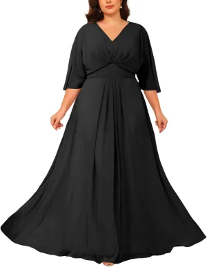Chiffon Mother of The Bride Dresses 2025 3/4 Sleeves Formal Dress V Neck Ruched Evening Dress with Pockets