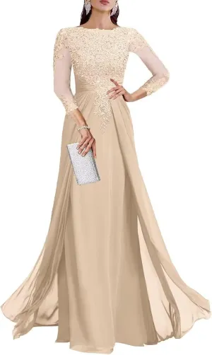 Chiffon Mother of The Bride Dresses for Wedding 3/4 Sleeve Lace Applique Formal Evening Dress