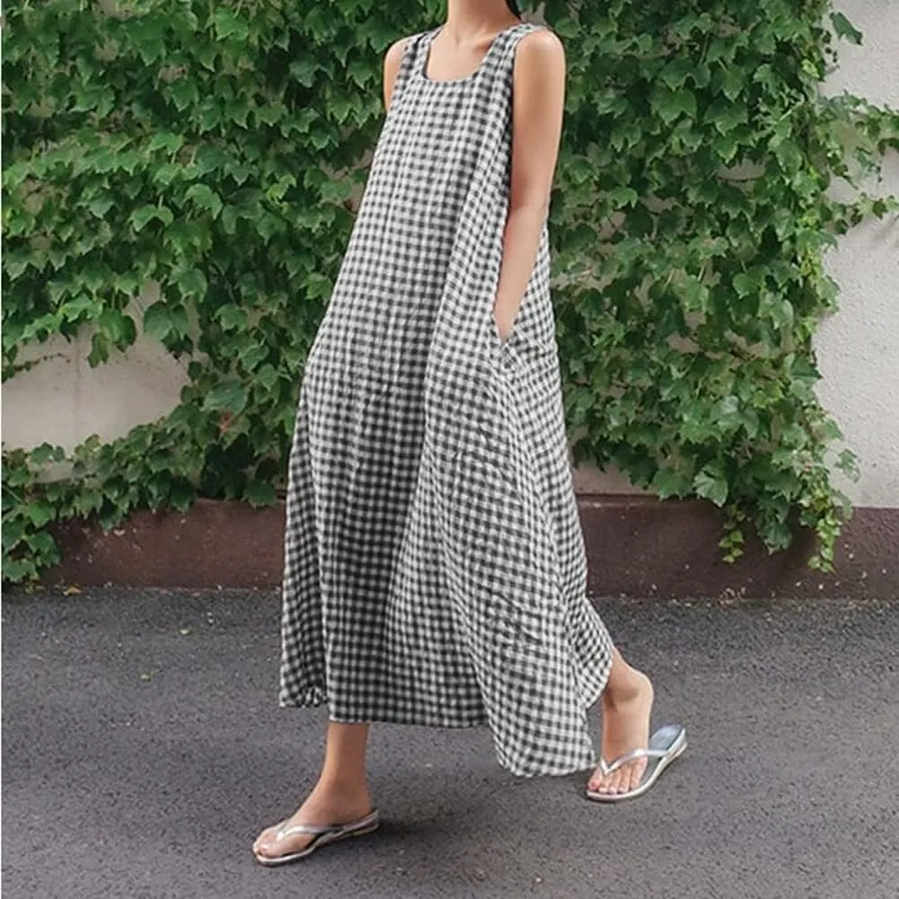 chouyatou Women's Casual Loose-Fit Cotton and Linen Plaid Tank Maxi Dress with Pockets