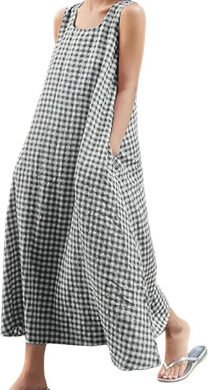 chouyatou Women's Casual Loose-Fit Cotton and Linen Plaid Tank Maxi Dress with Pockets