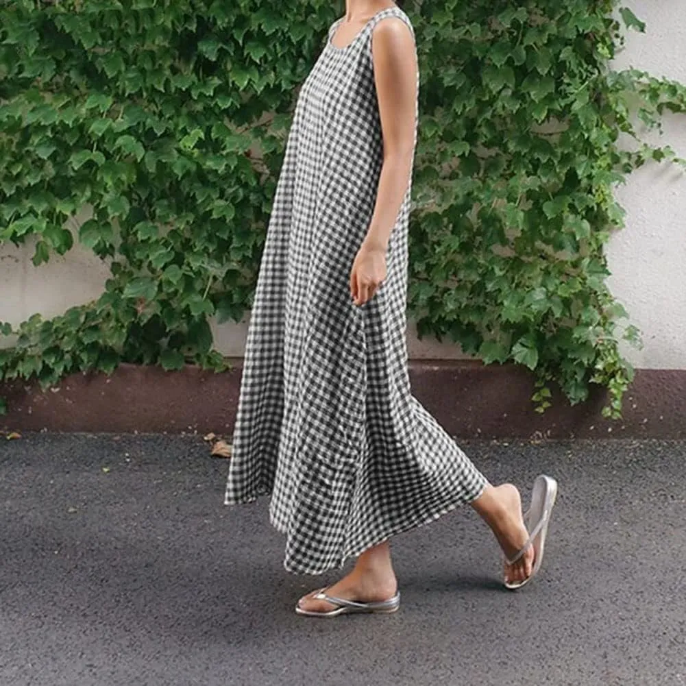chouyatou Women's Casual Loose-Fit Cotton and Linen Plaid Tank Maxi Dress with Pockets