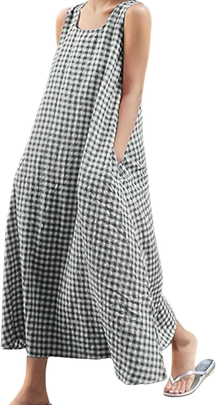 chouyatou Women's Casual Loose-Fit Cotton and Linen Plaid Tank Maxi Dress with Pockets