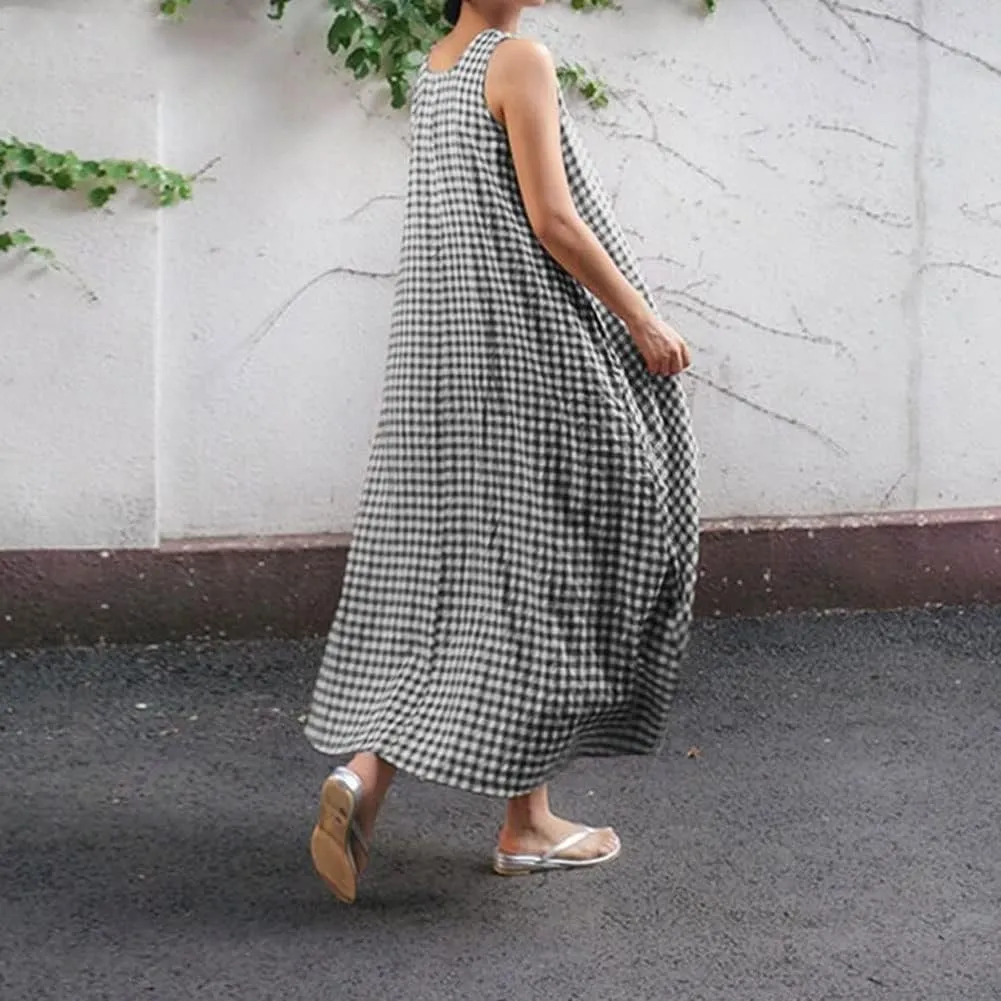 chouyatou Women's Casual Loose-Fit Cotton and Linen Plaid Tank Maxi Dress with Pockets