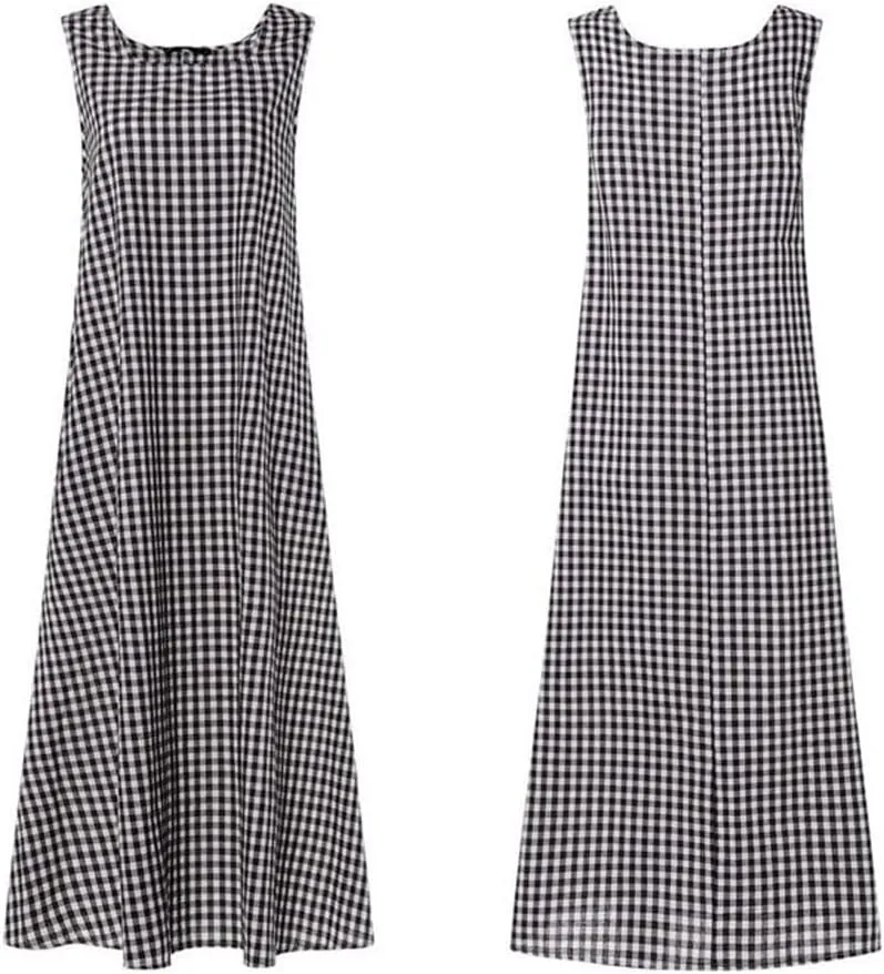 chouyatou Women's Casual Loose-Fit Cotton and Linen Plaid Tank Maxi Dress with Pockets