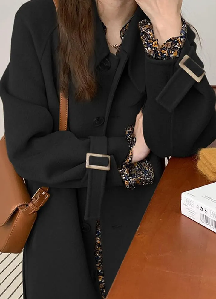 chouyatou Women's Winter Single Breasted Wool Coat Turn Down Collar Business Casual Long Winter Trench Coat