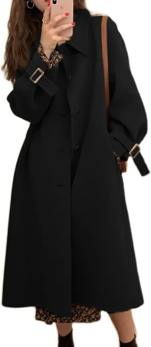 chouyatou Women's Winter Single Breasted Wool Coat Turn Down Collar Business Casual Long Winter Trench Coat