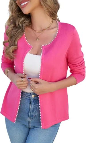 CiCiBird Women Lightweight Open Front Sweater Cardigan Pearls Trim Knit Jacket Trendy Long Sleeve Clothes Coatigan