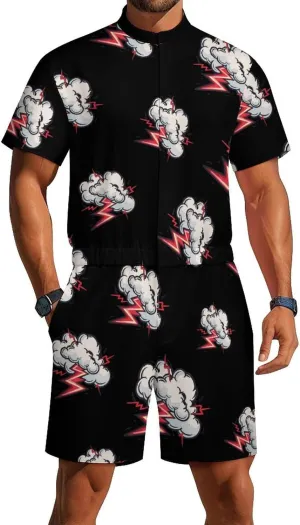 Cloud Thunder Mens Short Sleeve Rompers Printed Slim Fit One Piece Jumpsuit with Pocket