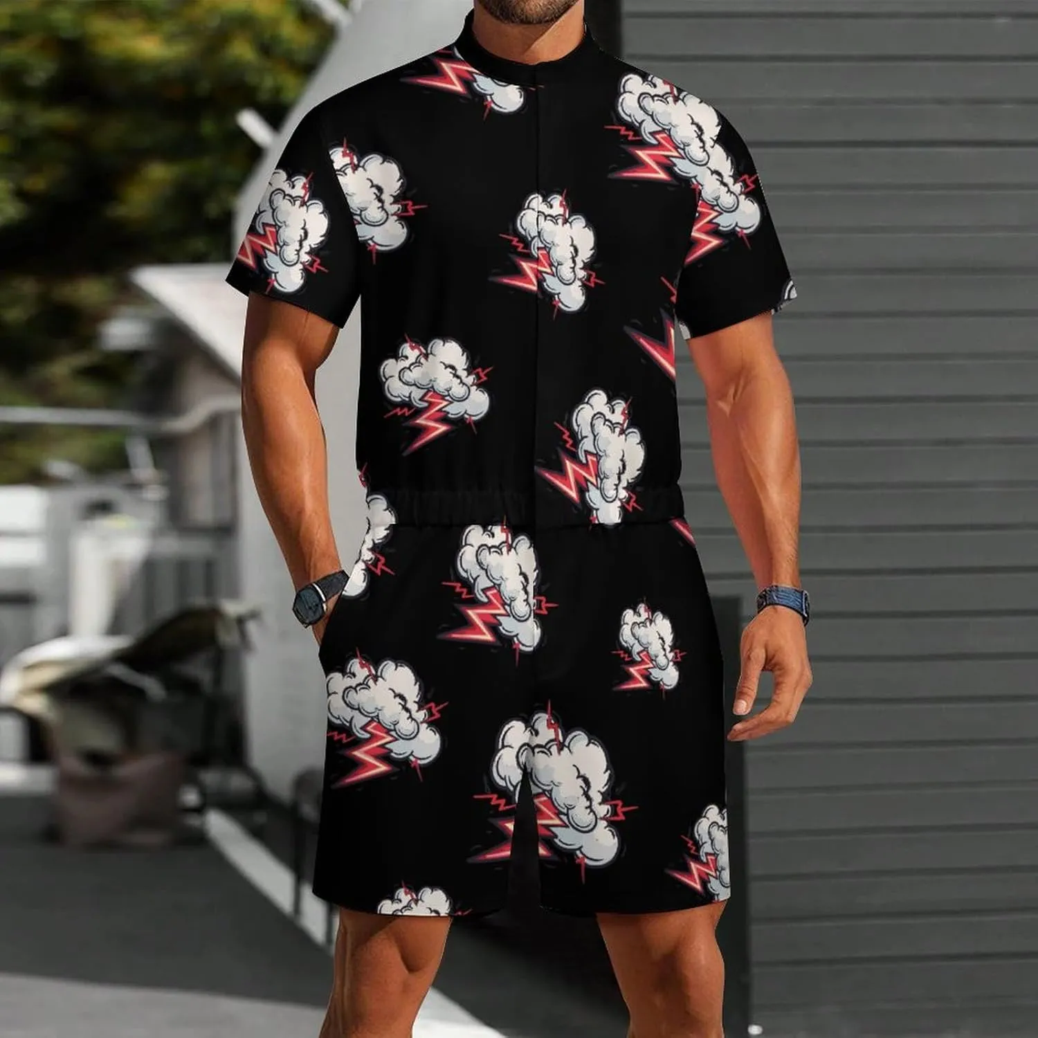 Cloud Thunder Mens Short Sleeve Rompers Printed Slim Fit One Piece Jumpsuit with Pocket