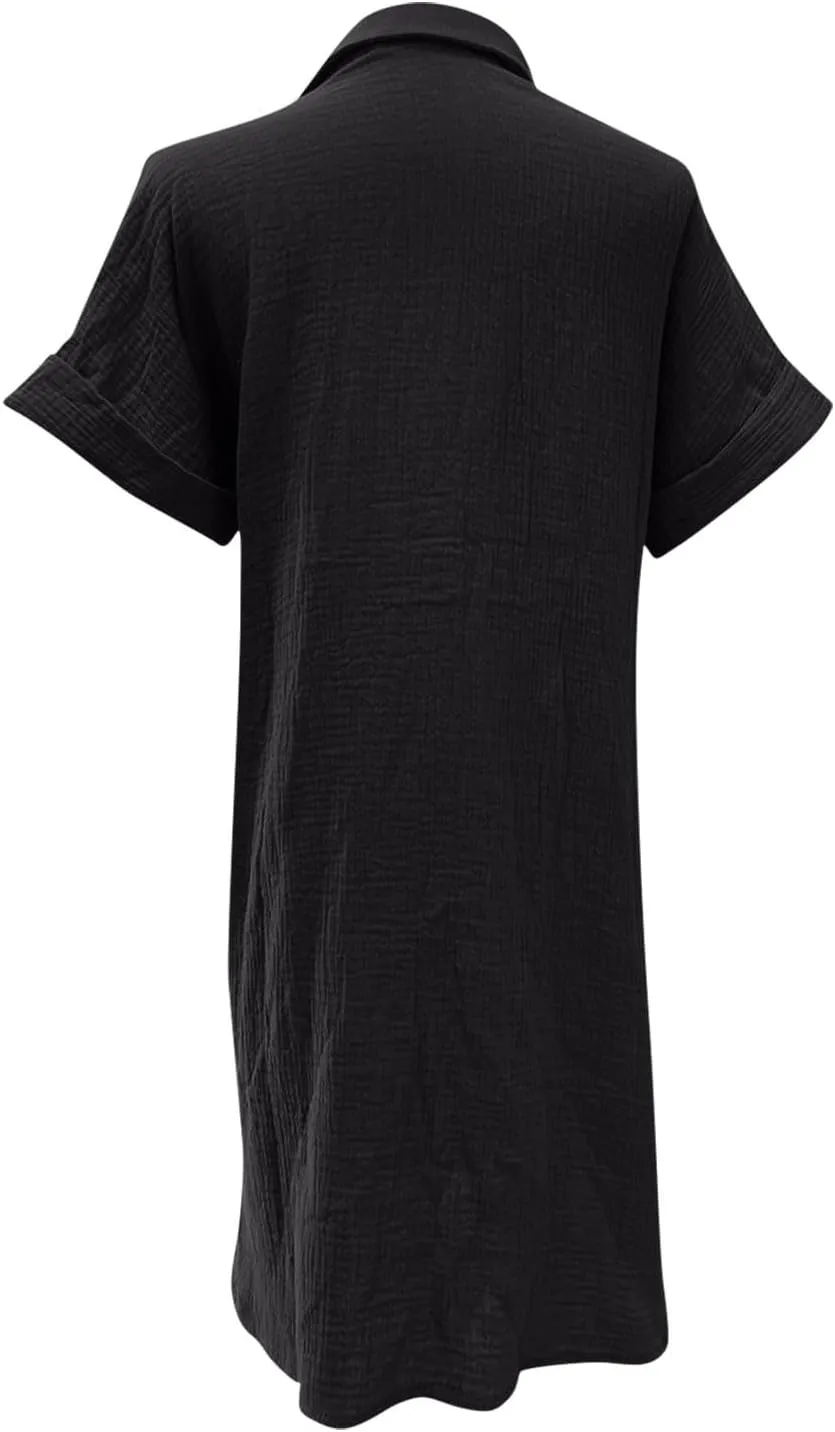 Cotton Midi Shirt Dress for Women Trendy Button Short Sleeve Dresses Solid Lapel Casual Dress Summer Travel Clothes