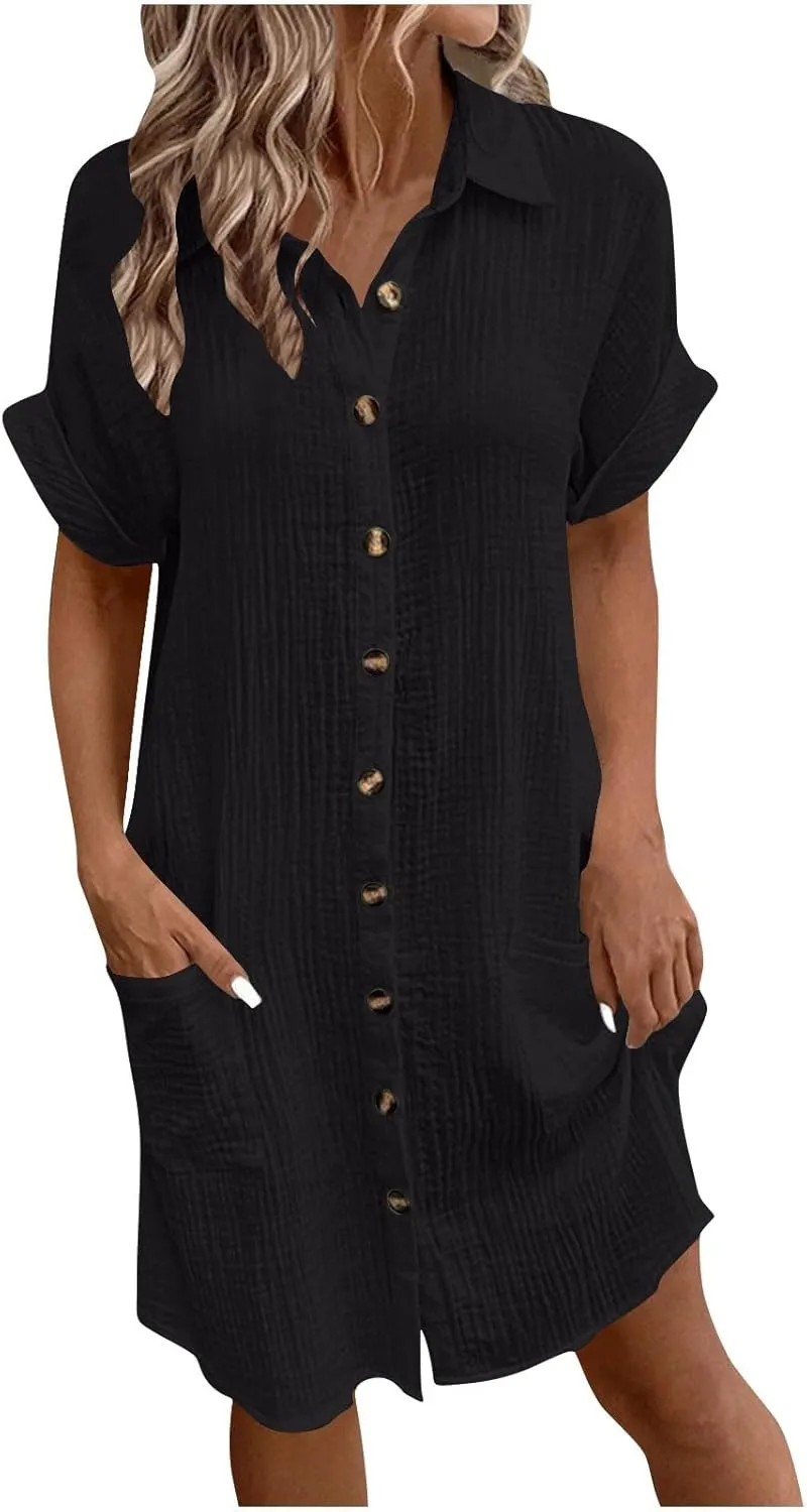 Cotton Midi Shirt Dress for Women Trendy Button Short Sleeve Dresses Solid Lapel Casual Dress Summer Travel Clothes