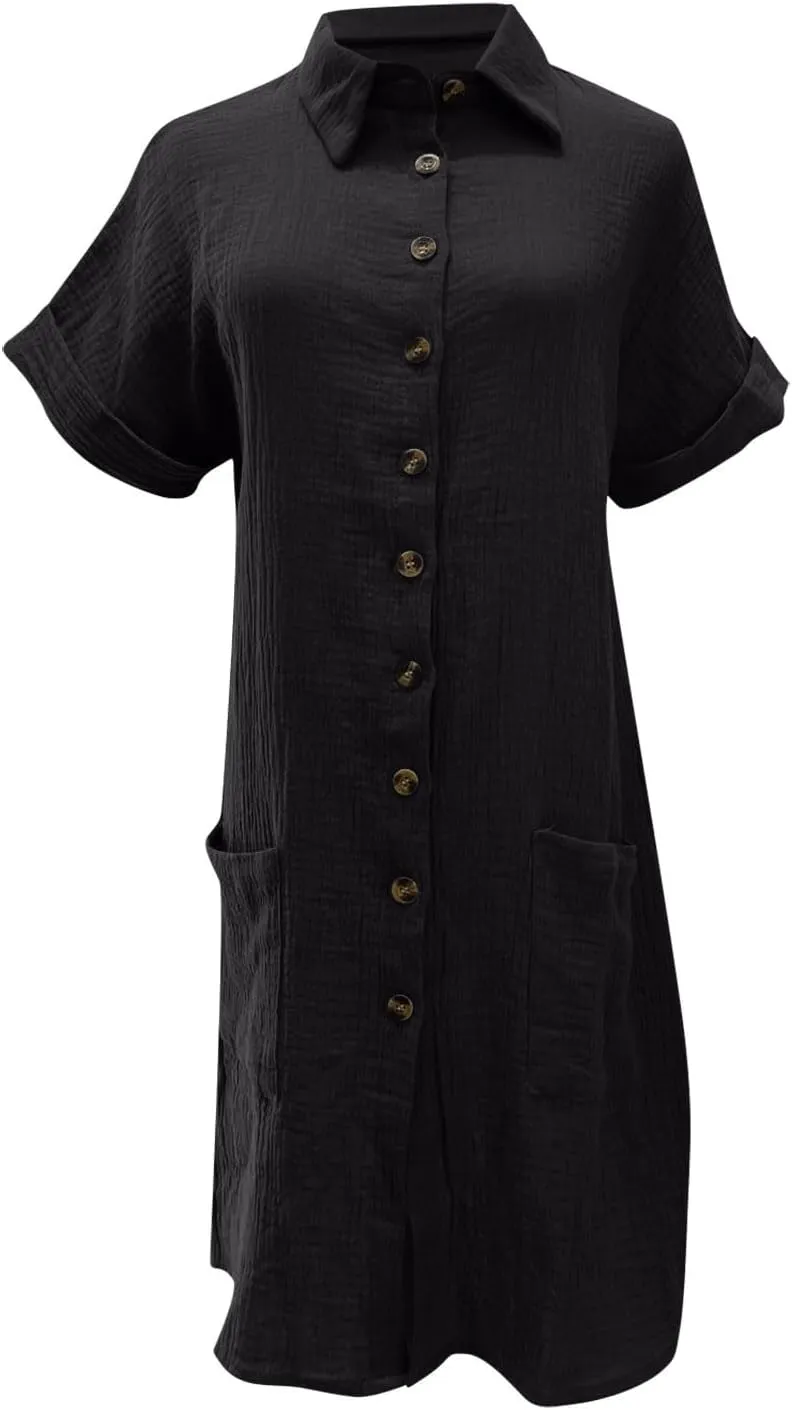 Cotton Midi Shirt Dress for Women Trendy Button Short Sleeve Dresses Solid Lapel Casual Dress Summer Travel Clothes