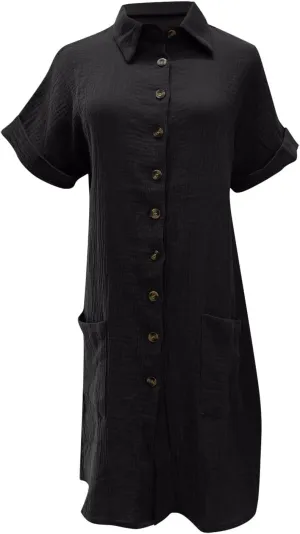 Cotton Midi Shirt Dress for Women Trendy Button Short Sleeve Dresses Solid Lapel Casual Dress Summer Travel Clothes