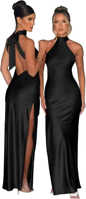 Cudiew Halter Neck Satin Bridesmaid Dresses Long Prom Dress for Women Backless Self Tie Formal Cocktail Gown with Slit