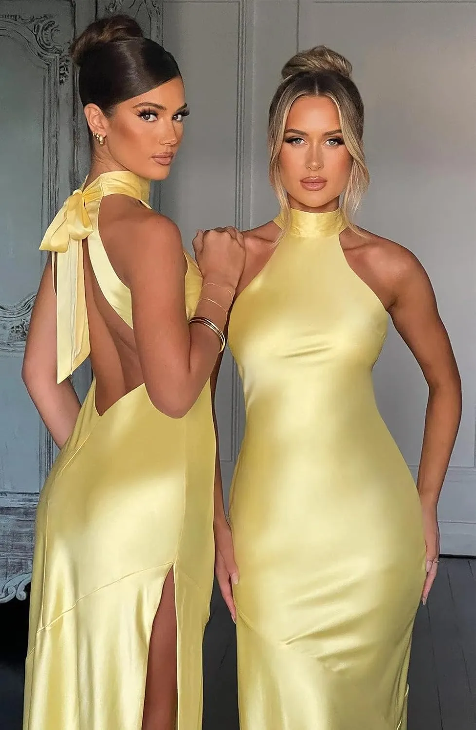 Cudiew Halter Neck Satin Bridesmaid Dresses Long Prom Dress for Women Backless Self Tie Formal Cocktail Gown with Slit