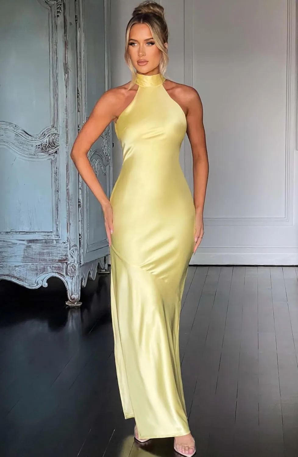Cudiew Halter Neck Satin Bridesmaid Dresses Long Prom Dress for Women Backless Self Tie Formal Cocktail Gown with Slit