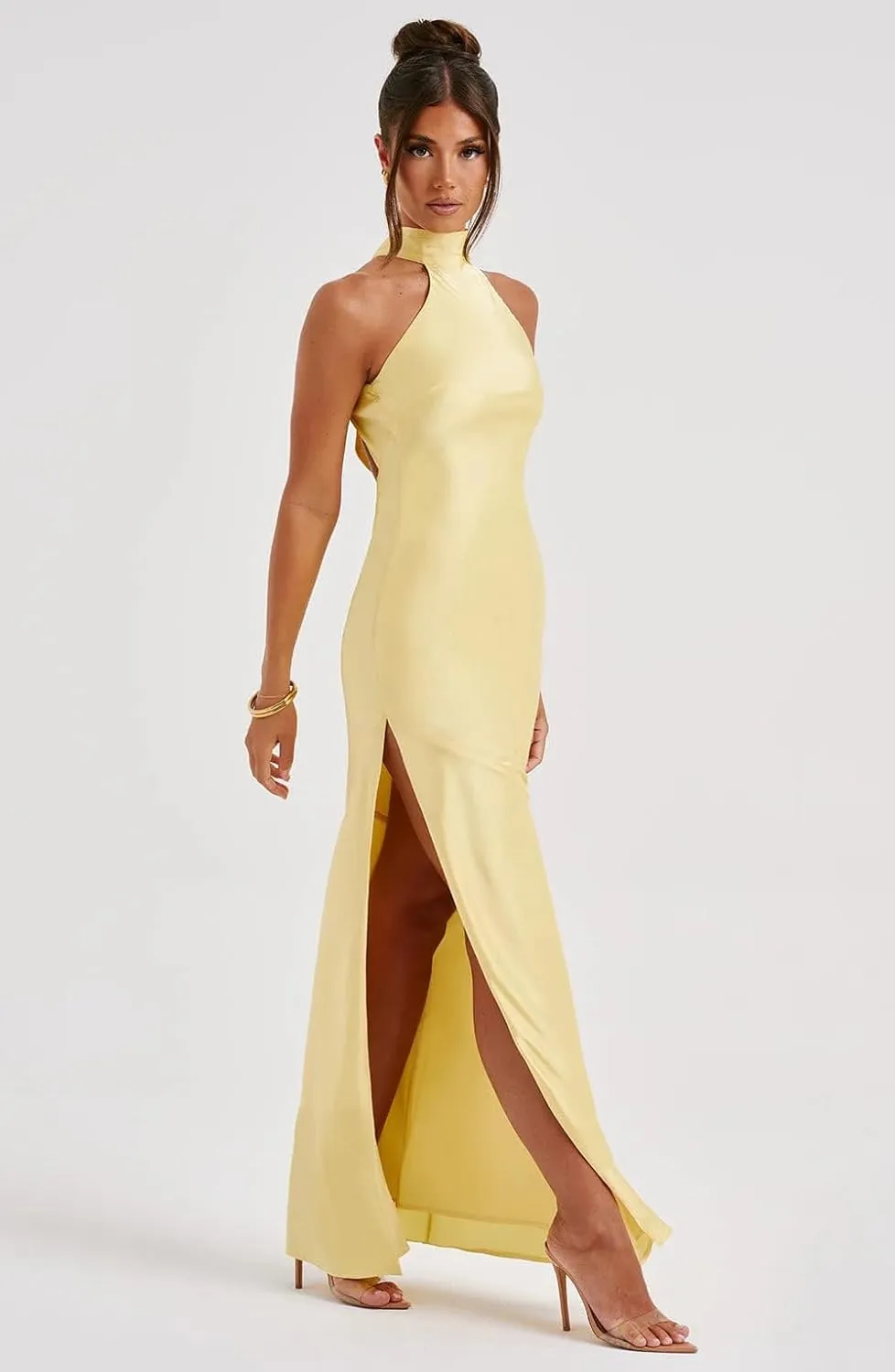 Cudiew Halter Neck Satin Bridesmaid Dresses Long Prom Dress for Women Backless Self Tie Formal Cocktail Gown with Slit