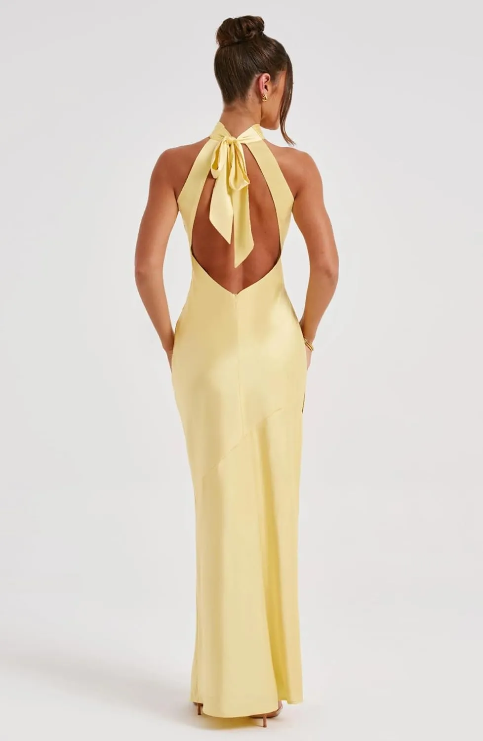 Cudiew Halter Neck Satin Bridesmaid Dresses Long Prom Dress for Women Backless Self Tie Formal Cocktail Gown with Slit