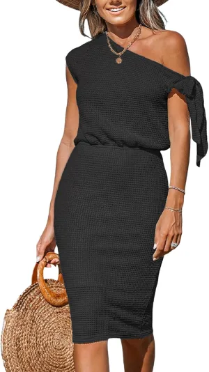 CUPSHE Women Knit One Shoulder Midi Summer Dress Off Shoulder Tie Knot Elastic Waist Bodycon Casual Beach Spring Dresses