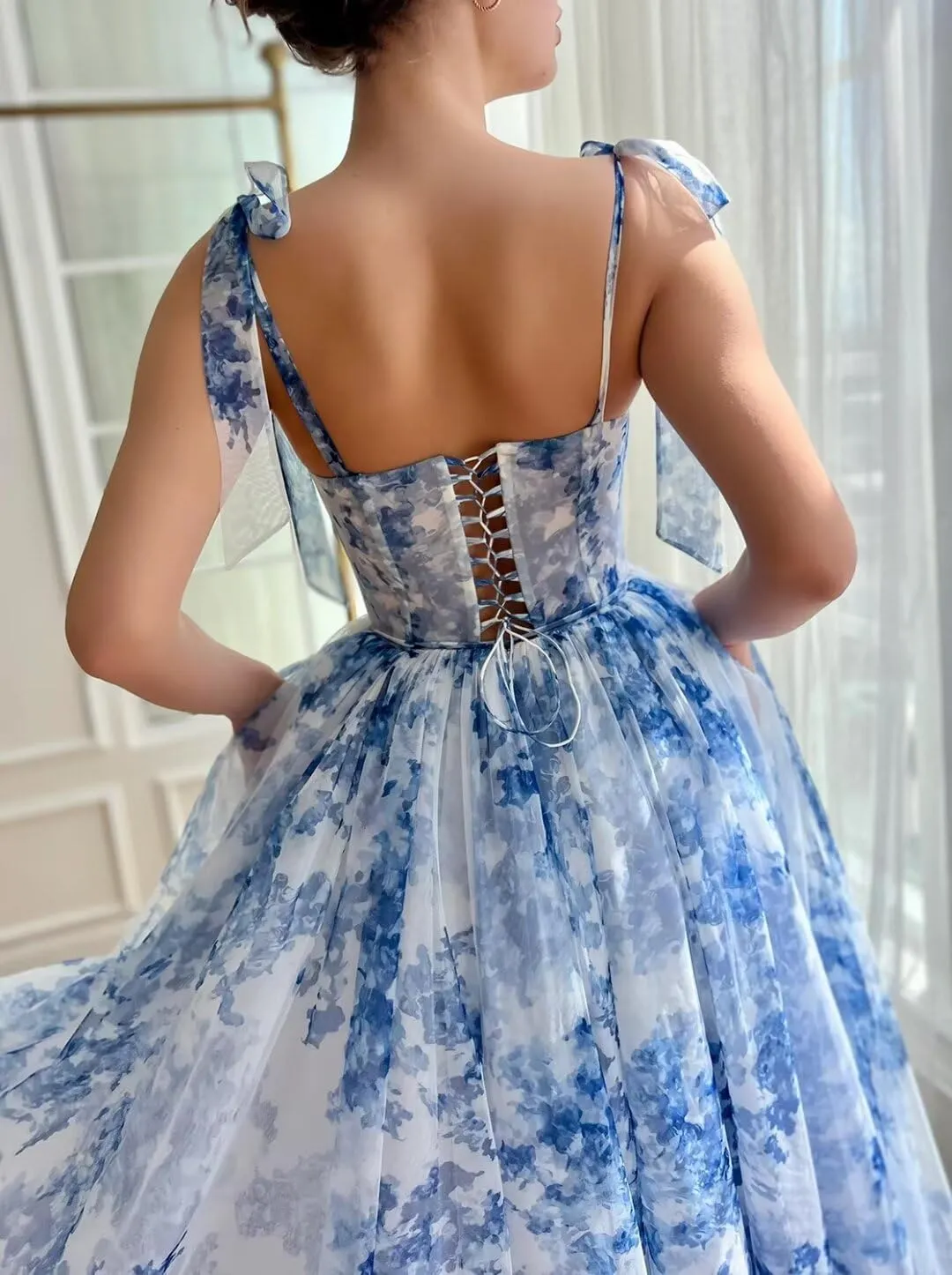 Cute Tulle Blue and White Floral Print Prom Dress Long Senior Sweetheart Evening Gown with Pockets for Girls WD111