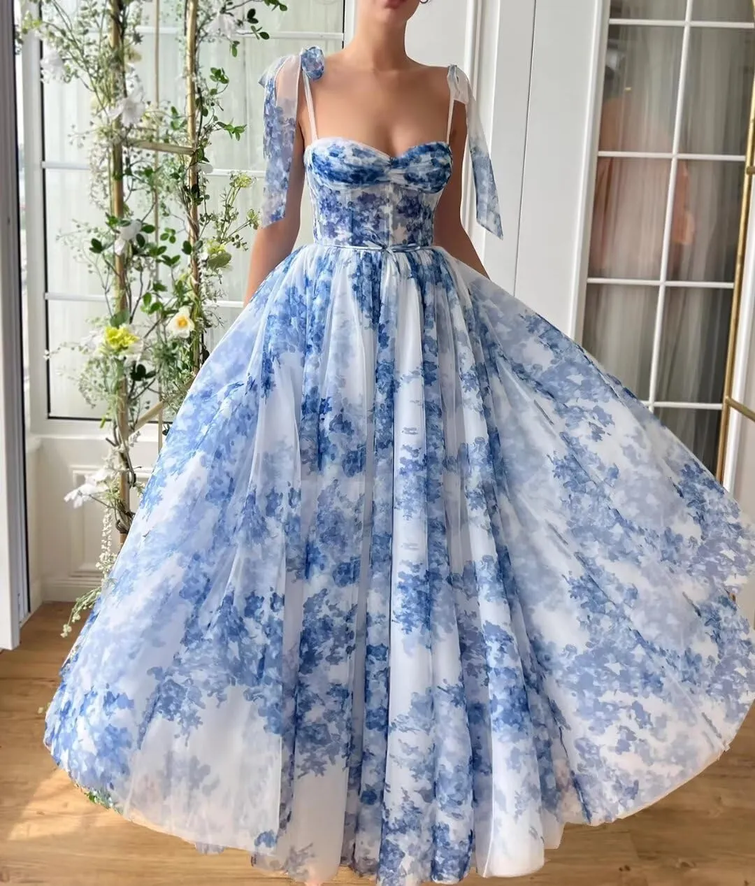 Cute Tulle Blue and White Floral Print Prom Dress Long Senior Sweetheart Evening Gown with Pockets for Girls WD111