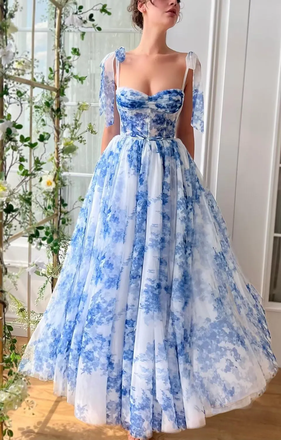 Cute Tulle Blue and White Floral Print Prom Dress Long Senior Sweetheart Evening Gown with Pockets for Girls WD111
