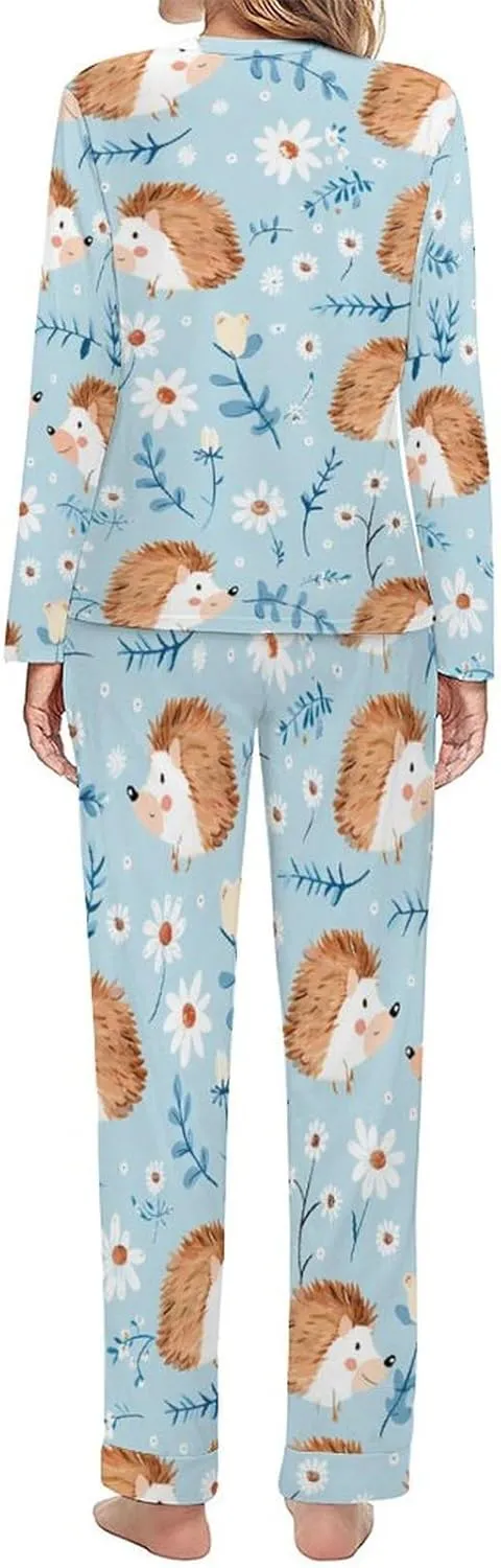 Cute Watercolor Hedgehog Womens 2 Pieces Pajama Sets Long Sleeve Sleepwear Loungewear PJs Sets with Pockets