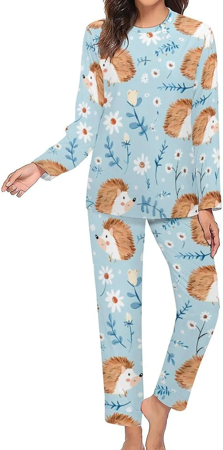 Cute Watercolor Hedgehog Womens 2 Pieces Pajama Sets Long Sleeve Sleepwear Loungewear PJs Sets with Pockets