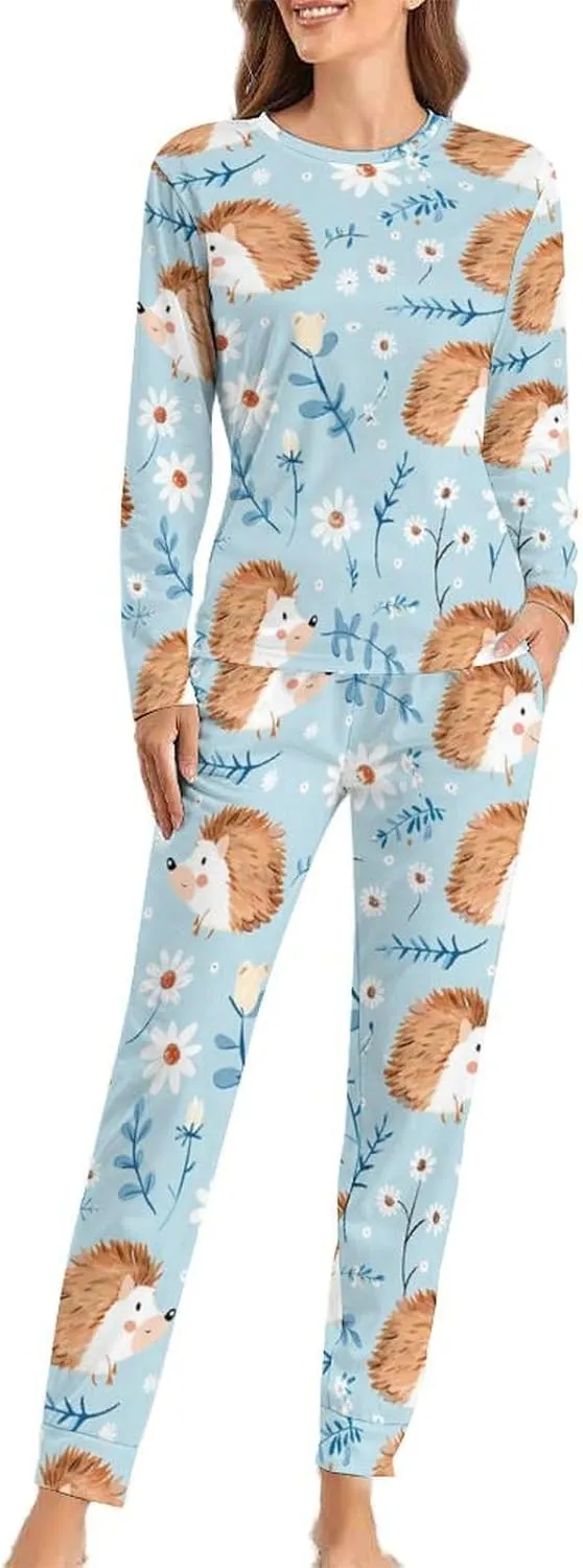 Cute Watercolor Hedgehog Womens 2 Pieces Pajama Sets Long Sleeve Sleepwear Loungewear PJs Sets with Pockets