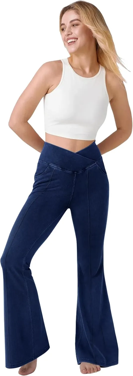 Desol Flare Jeans for Women High Cross Waisted Seamed Front Bell Bottom Denim Pants Tummy Control Trouser Jeans with Pockets