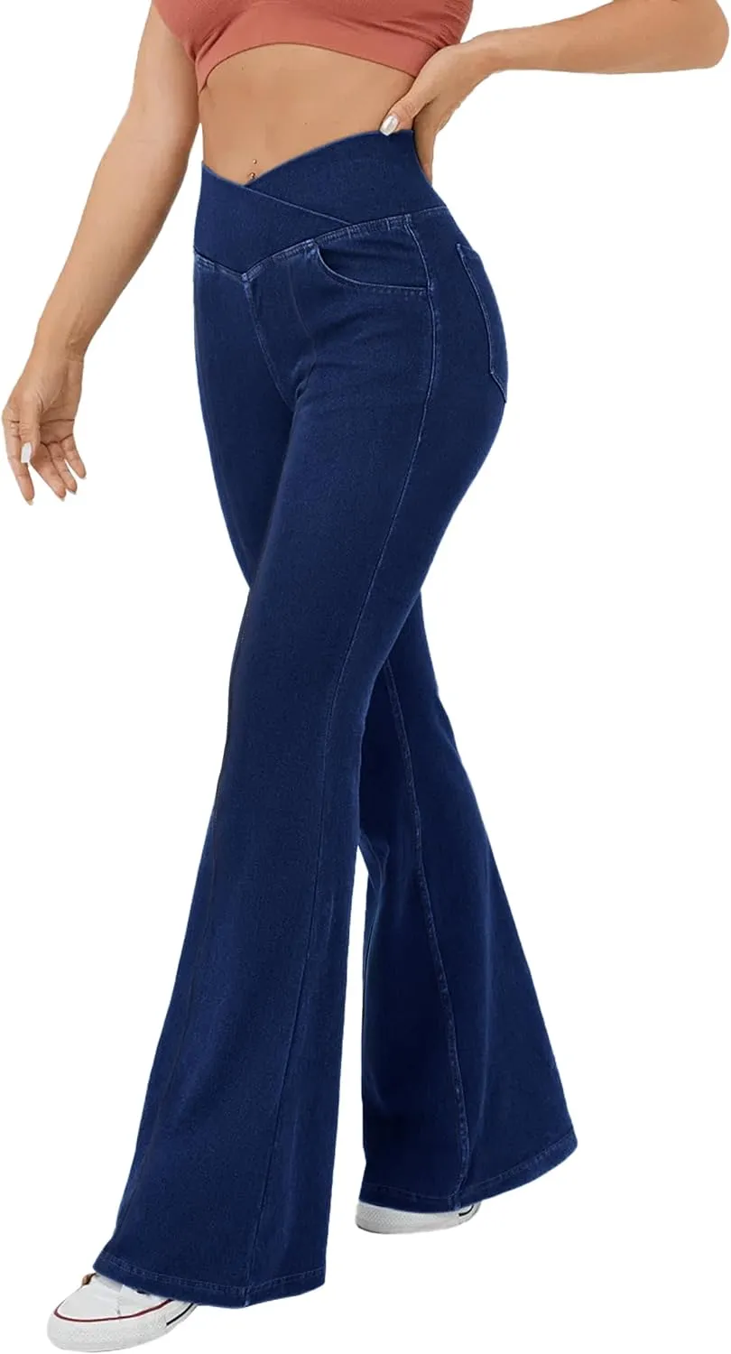 Desol Flare Jeans for Women High Cross Waisted Seamed Front Bell Bottom Denim Pants Tummy Control Trouser Jeans with Pockets