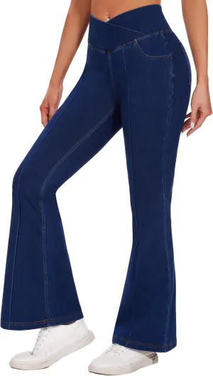 Desol Flare Jeans for Women High Cross Waisted Seamed Front Bell Bottom Denim Pants Tummy Control Trouser Jeans with Pockets