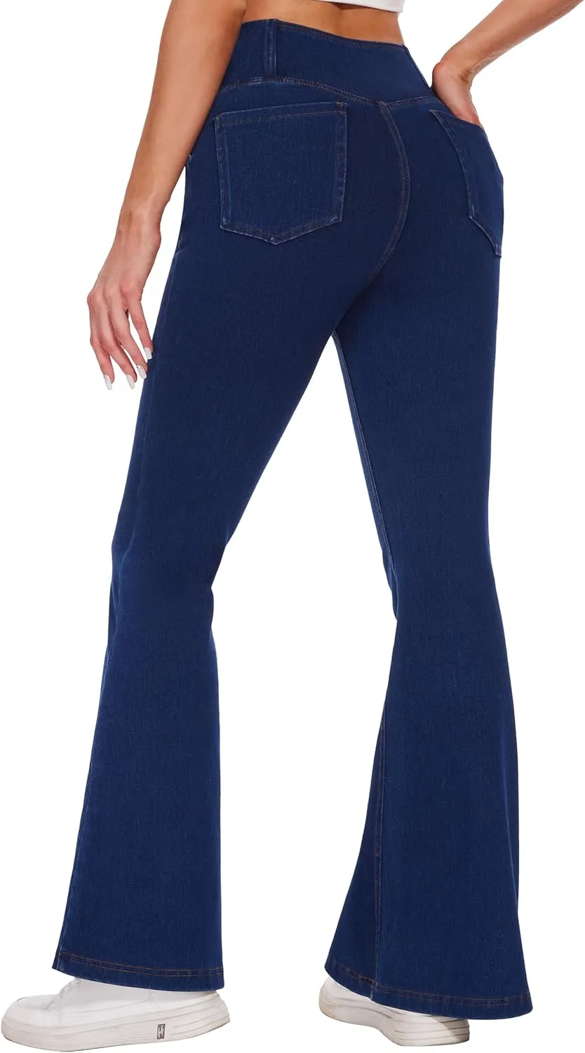 Desol Flare Jeans for Women High Cross Waisted Seamed Front Bell Bottom Denim Pants Tummy Control Trouser Jeans with Pockets