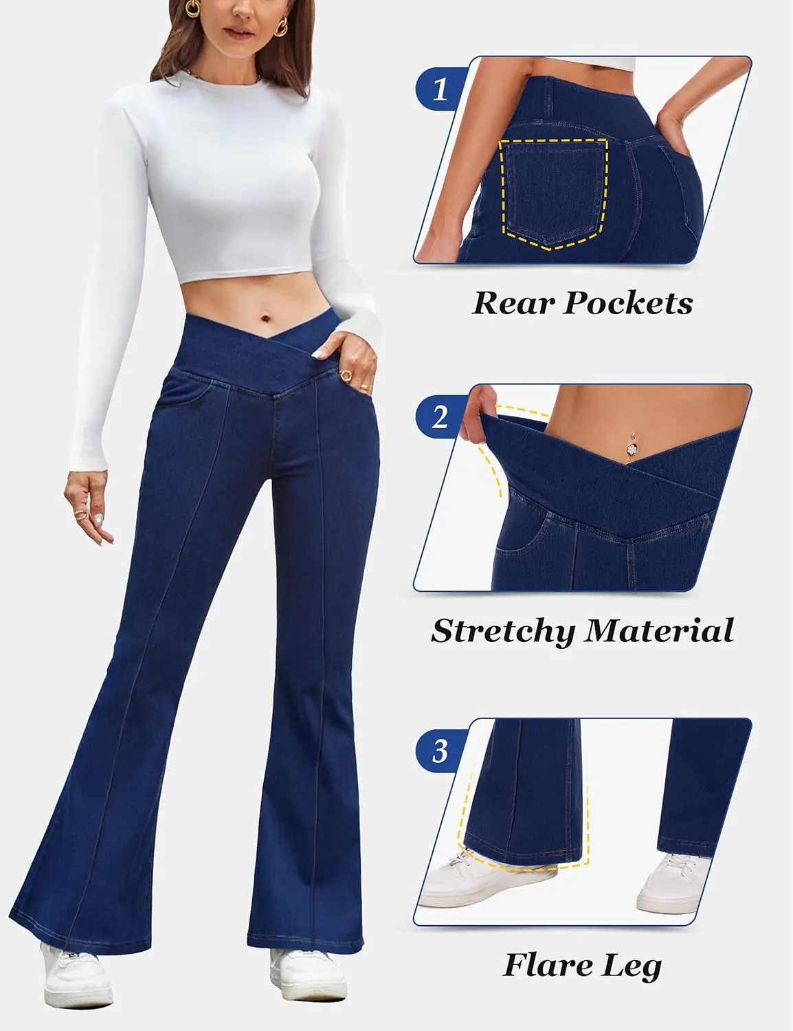 Desol Flare Jeans for Women High Cross Waisted Seamed Front Bell Bottom Denim Pants Tummy Control Trouser Jeans with Pockets