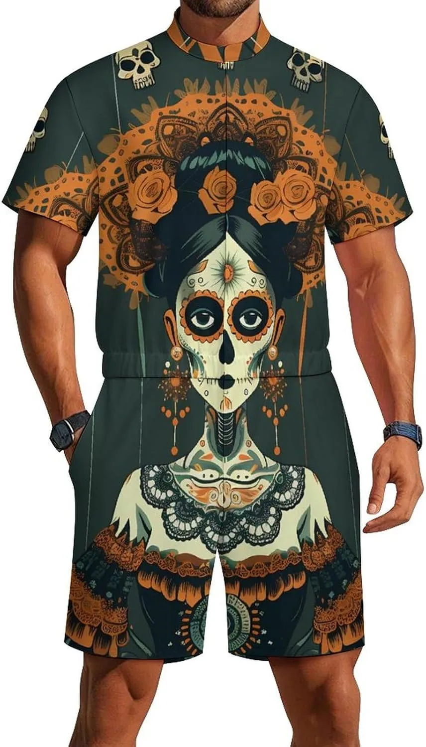 Dia De Los Muertos Marionettes Mens Short Sleeve Rompers Printed Slim Fit One Piece Jumpsuit with Pocket