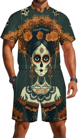 Dia De Los Muertos Marionettes Mens Short Sleeve Rompers Printed Slim Fit One Piece Jumpsuit with Pocket
