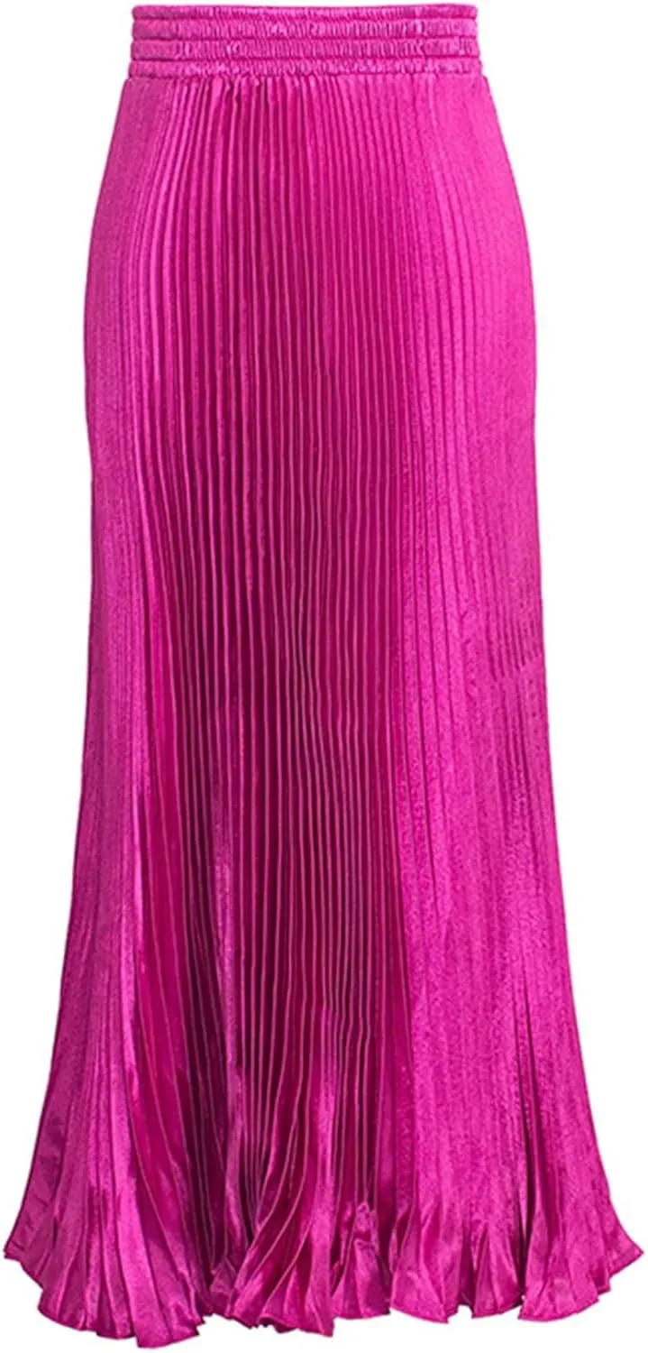 ebossy Women's Boho Satin Metallic Pleated Accordion Skirts Elastic High Waist Flowy A Line Shirring Maxi Long Skirt