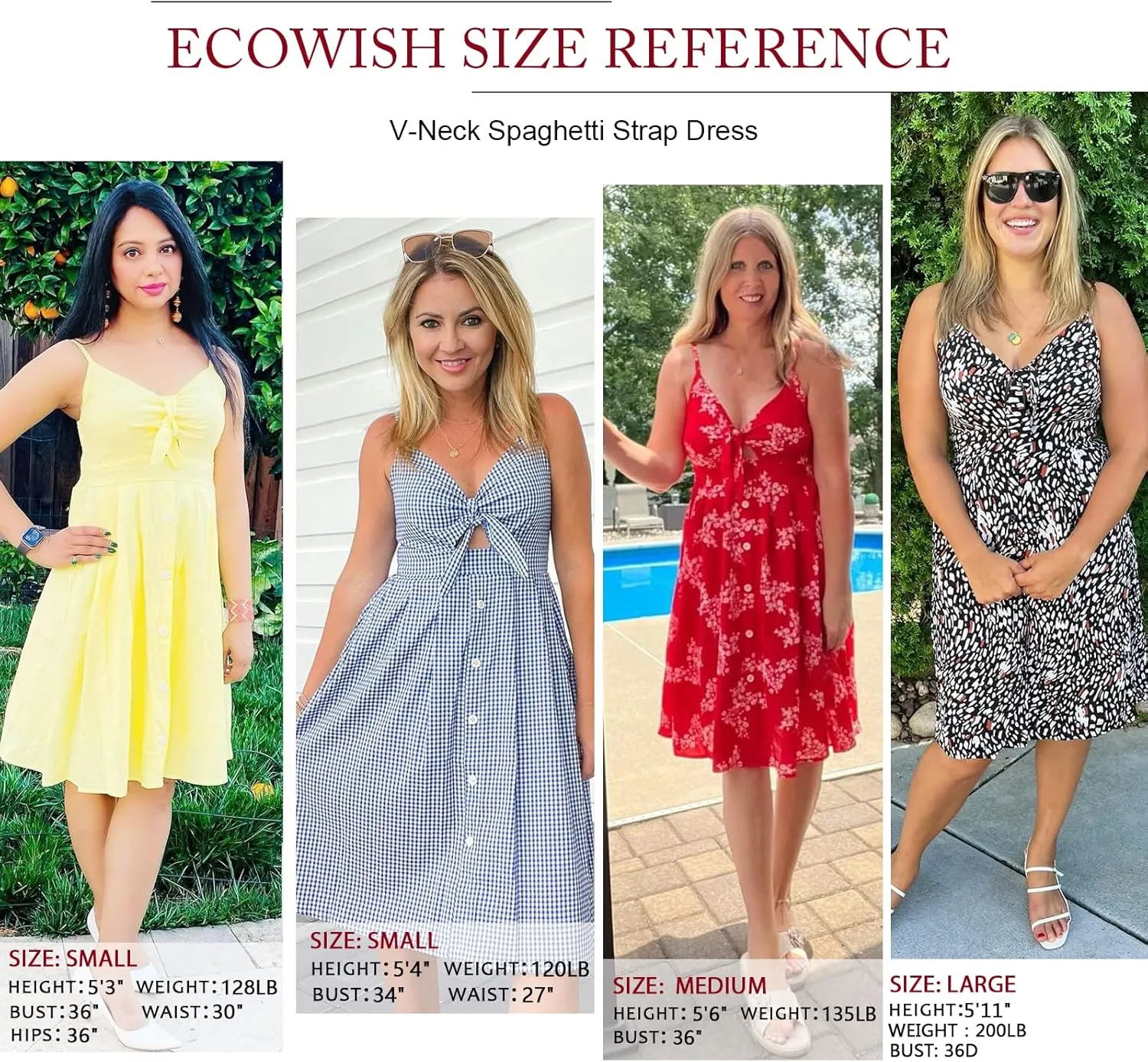 ECOWISH Women 2025 Summer Dresses Tie Front V-Neck Spaghetti Strap Button Down A-Line Backless Swing Midi Dress