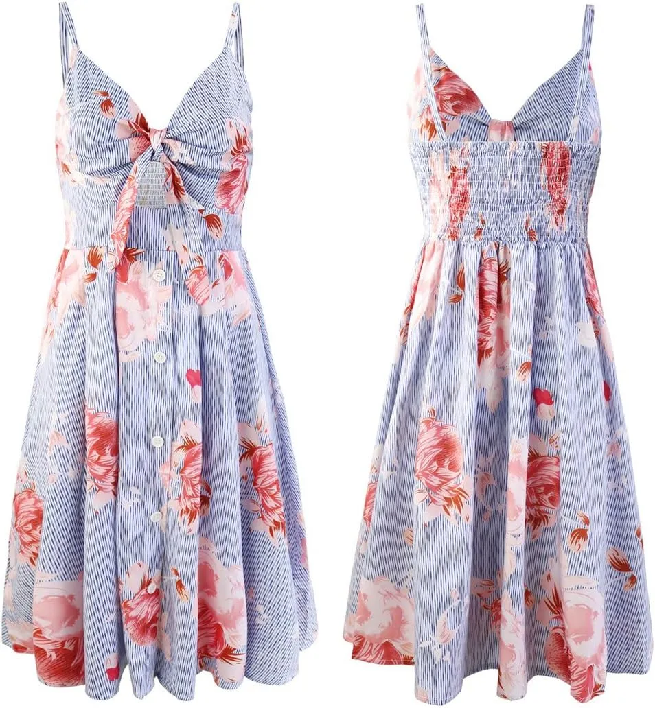 ECOWISH Women 2025 Summer Dresses Tie Front V-Neck Spaghetti Strap Button Down A-Line Backless Swing Midi Dress