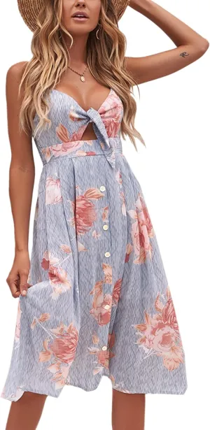 ECOWISH Women 2025 Summer Dresses Tie Front V-Neck Spaghetti Strap Button Down A-Line Backless Swing Midi Dress