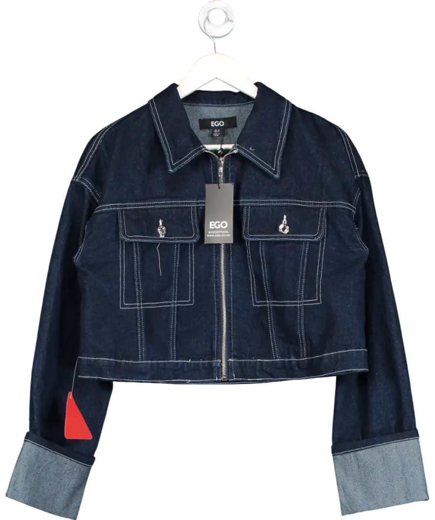 Ego Blue Long Cuffed Sleeve Zip Up Front Cropped Jacket UK 10