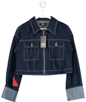 Ego Blue Long Cuffed Sleeve Zip Up Front Cropped Jacket UK 10