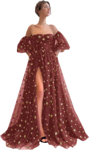 Eightale Off Shoulder Sparkly Tulle Long Prom Dress A Line for Women Formal Evening Dress
